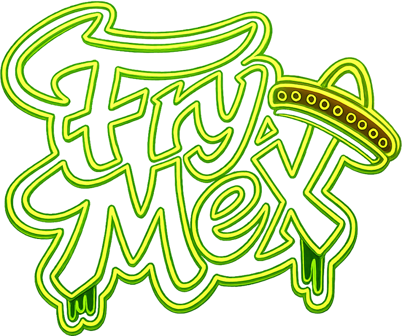 FryMex logo — hand-lettered neon script with a sombrero
